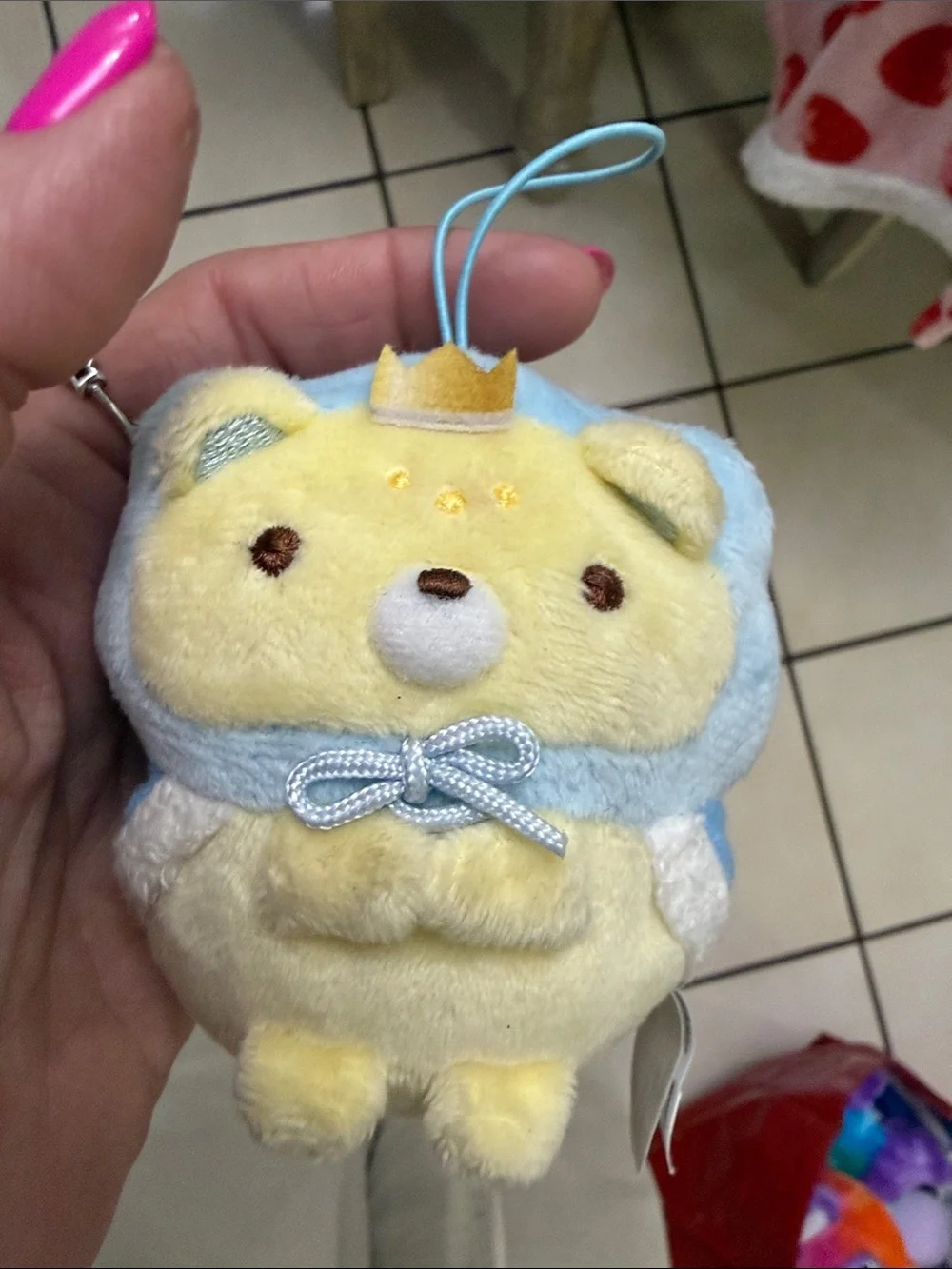 Plush Small Pet Toy Keychain - Yellow and Light Blue Crown Bear